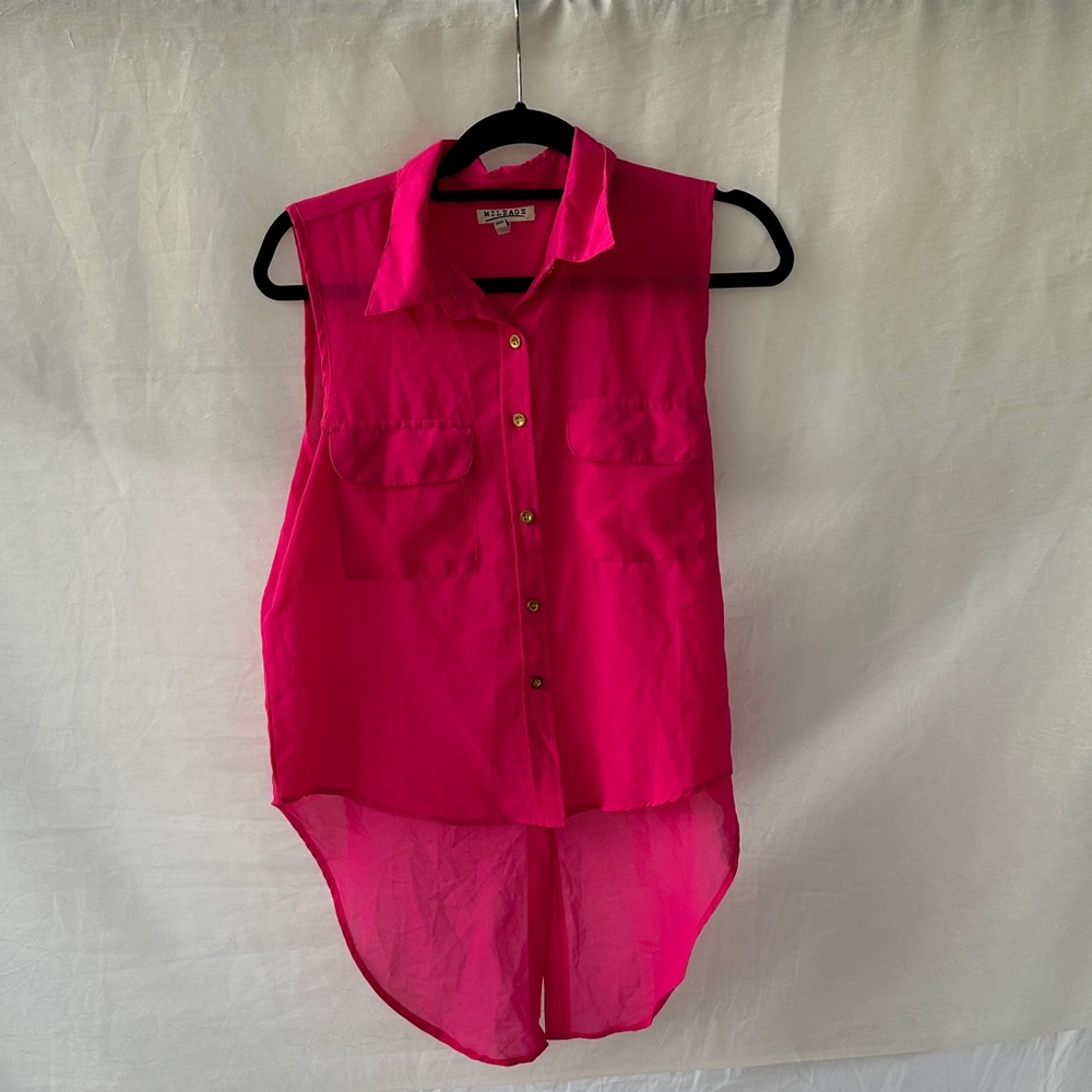 Mileage Pink Sheer Sleeveless Button-Up Blouse Large